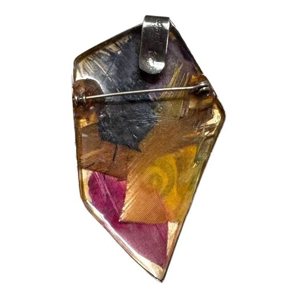 1970 Signed Dominguez Mexican Taxco Sterling Inlaid Feather Resin Brooch Pendant - Picture 2 of 6